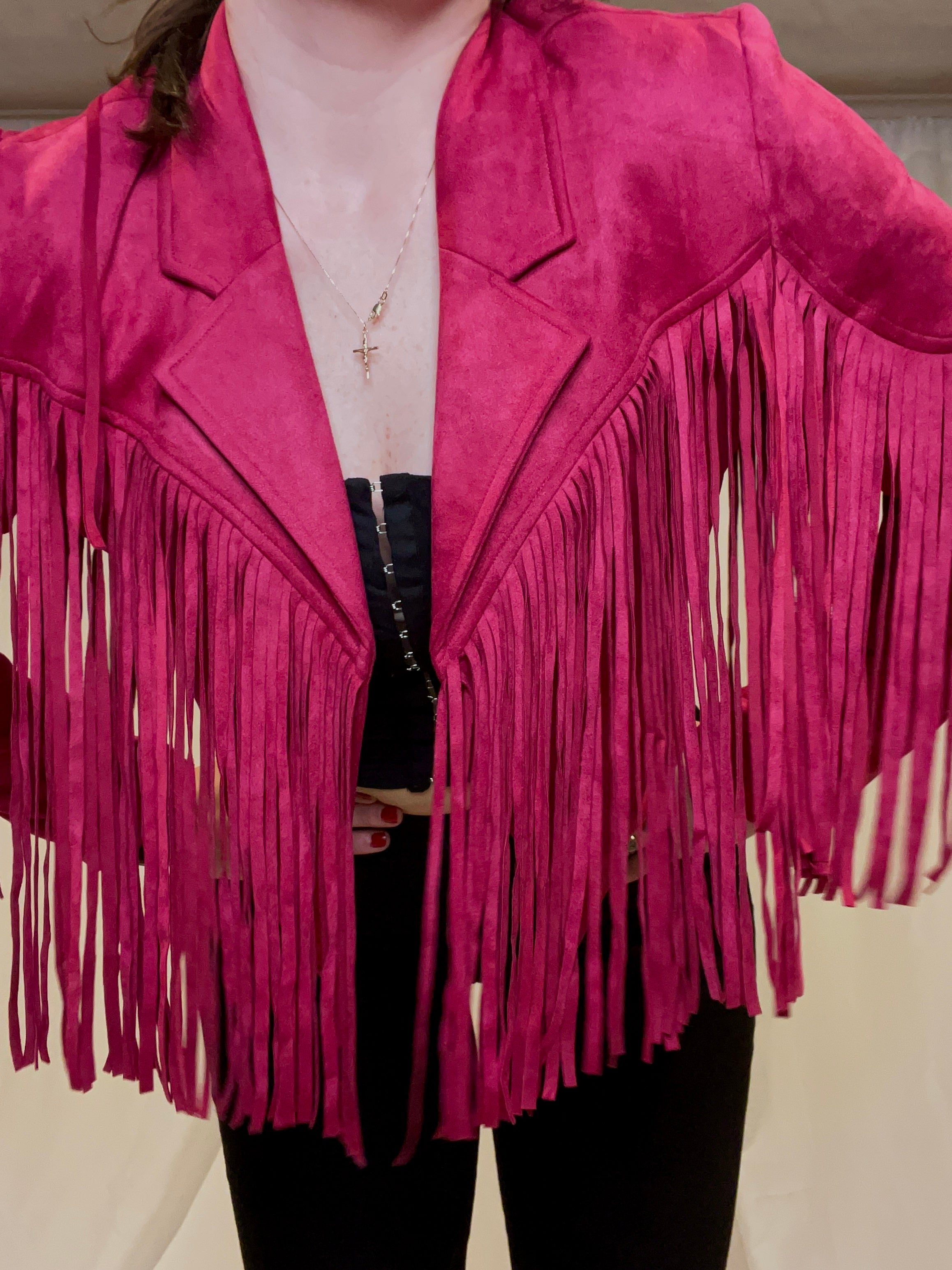た*ぬ様 harapeco Suede blouson Vintage Pink Fringe Jacket Women Western,Women's Suede Fringe Jacket Long